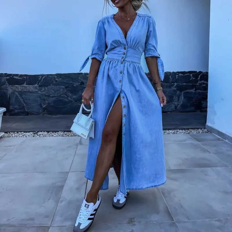 Spring Summer New Womens Clothing Solid Color Fashion Sexy V-neck Long Single-Breasted Denim DressXJ250514