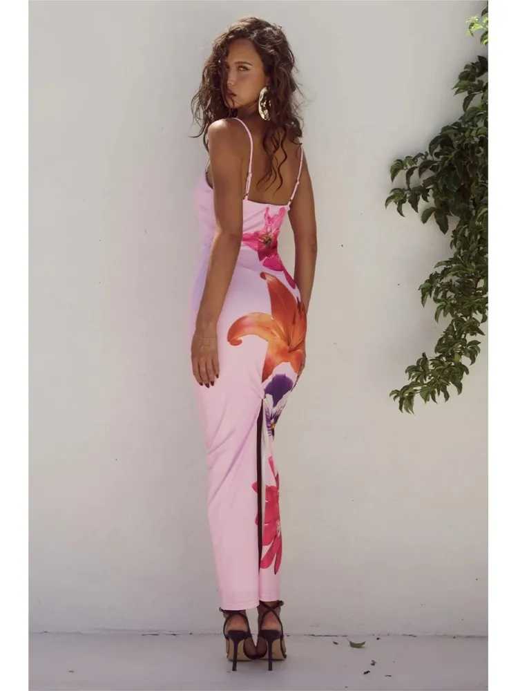 Flower Print Slim Spaghetti Strap Dresses Women Sexy Package Hip Bodycon Trendy Ladies Party Club Long Dress Fashion StreetwearXJ250514