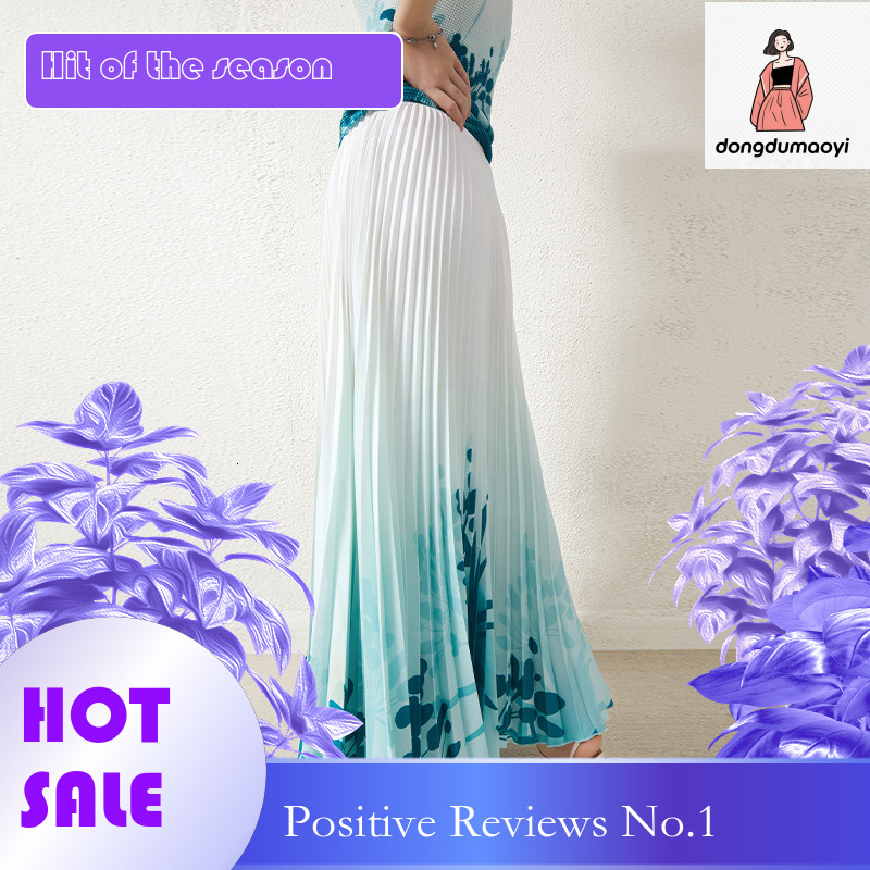 dongdumaoyi Summer new fashion women's pleated two-piece set, temperament printed T-shirt top, slimming A-line skirt, trendy