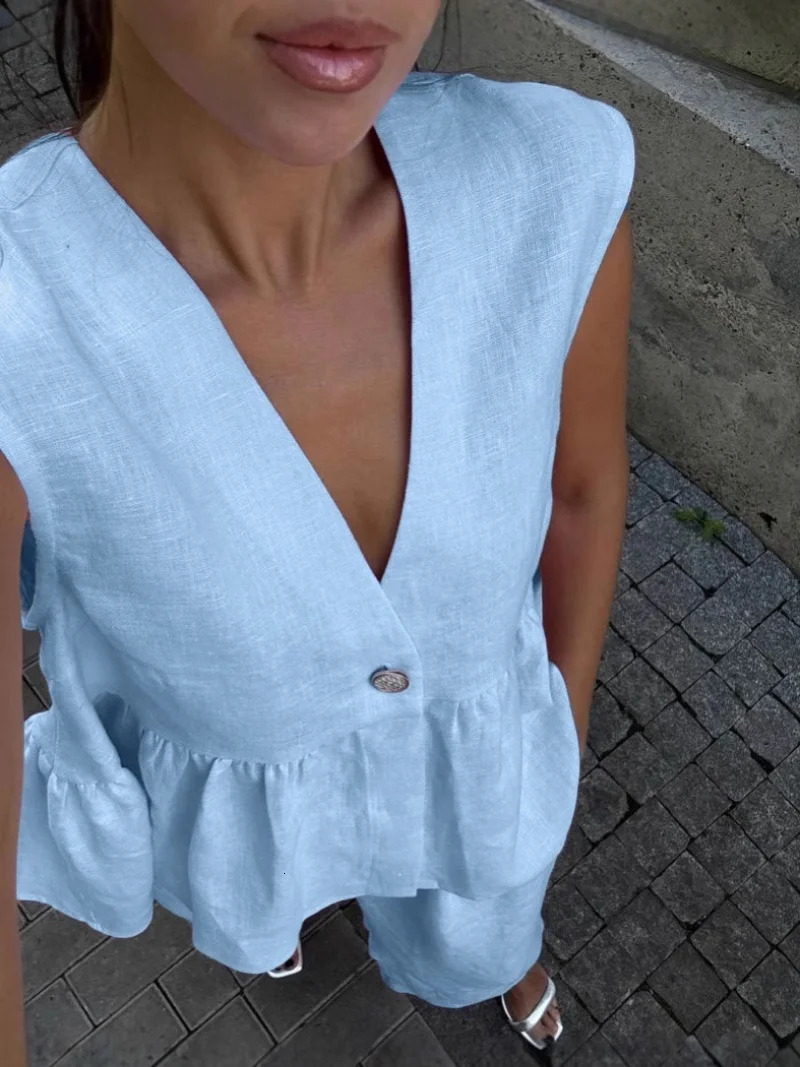 Elegant Women Two Piece Sets Fashion Summer Sleeveless Single Breasted Vests Wide Leg Pants Suit Casual Office Lady Outfits 250513
