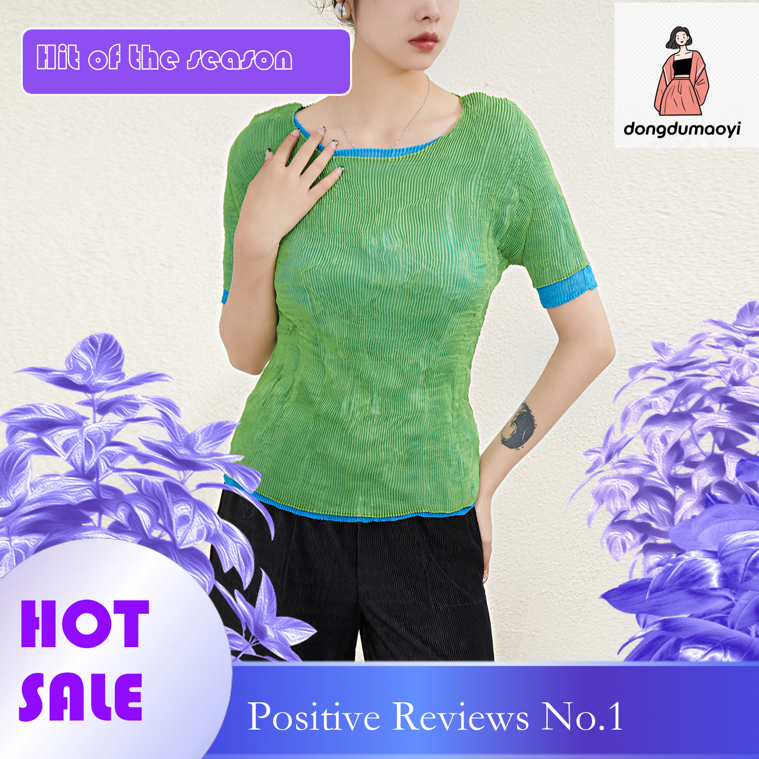dongdumaoyi Miyake summer vacation two short sleeved T-shirts with women's pleated design, unique and niche slim fit bottom shirt, top in Instagr