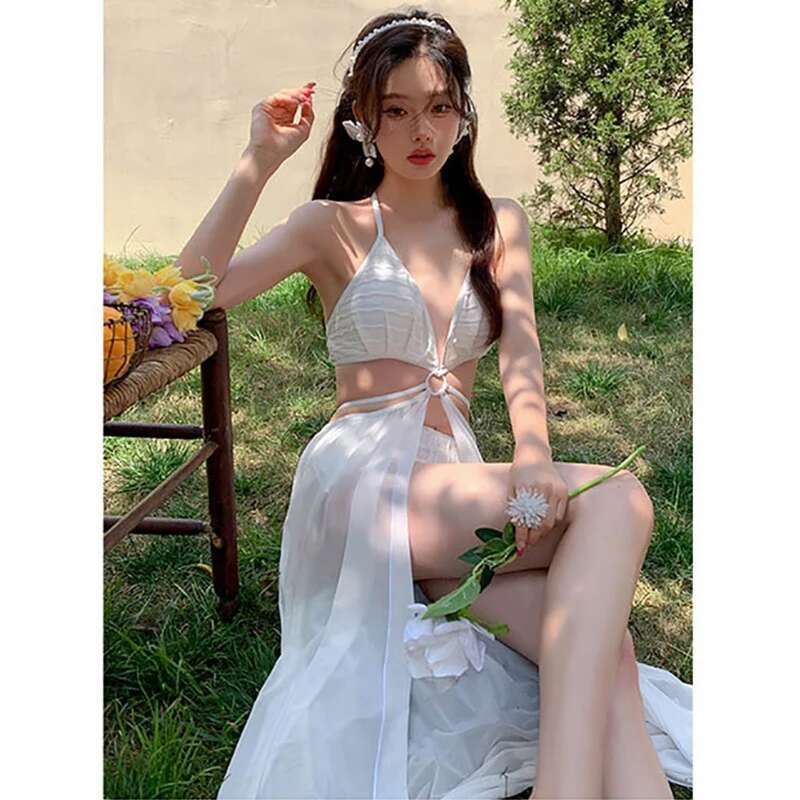 Fairy Elegant Sexy Swimsuit Women Beach Holiday Wear Bikini Korean Fashion Hot Spring Swimwear White Girls Monokini Summer
