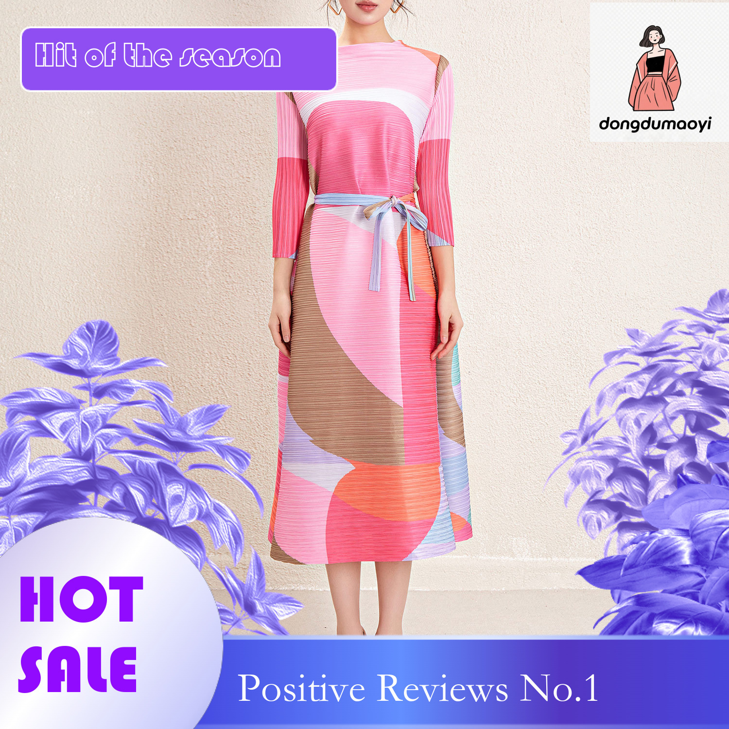 dongdumaoyi Women s Miyake style new pleated dress with high end print waist cinching and tie up slimming mid length skirt