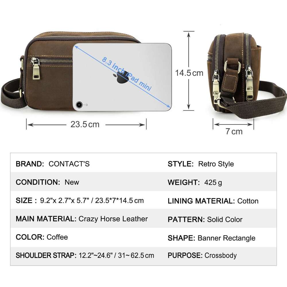 Vintage Crazy Horse Leather Men's Shoulder Small Male Crossbody Travel Retro Design Business Casual Messenger Bag For Man