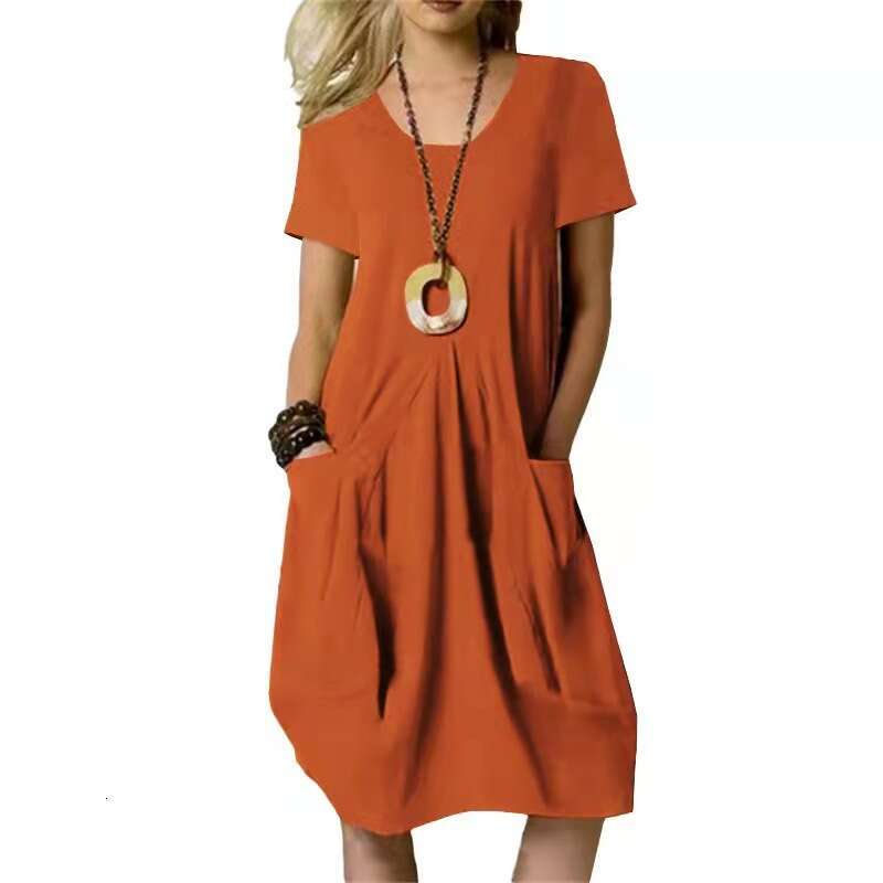 Women Clothes Dress Summer New Cotton Linen Solid Loose Round Neck Short Sleeve Dress KQ