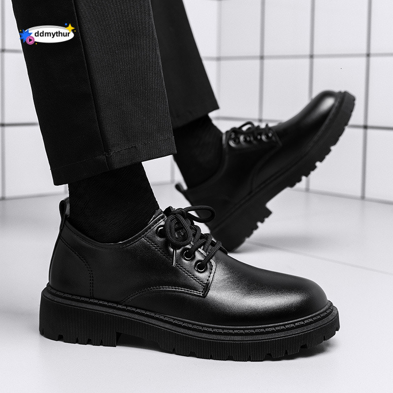Men's suits, leather shoes, autumn British style business dress, student height increasing casual soft soled waterproof black big toe shoes ddmyt