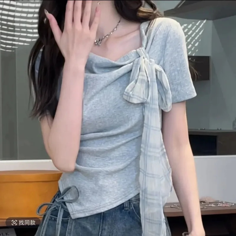 Womens Clothes Summer Korean Fashion Simplicity Allmatch Fashionable Drawstring Solid Color Oneck Short Sleeve Cotton Cardigan 250514