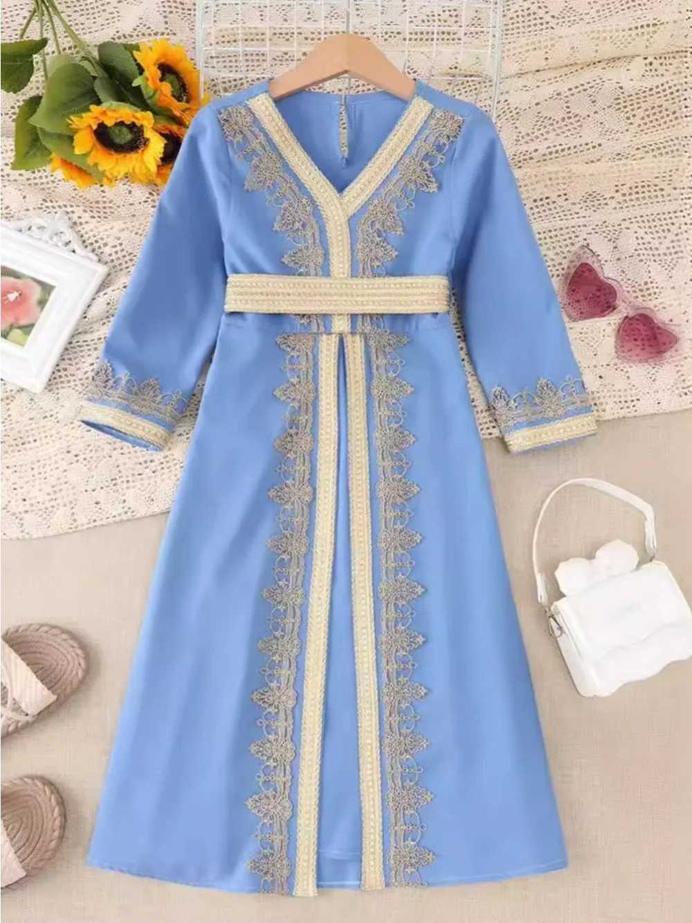 Abaya Eid Muslim Kids Girls Dresses Kaftan Lace Sashes Arab Long Robe Islamic Moroccan Jalabiya Prayer Children Turkey Vestidos X250514
