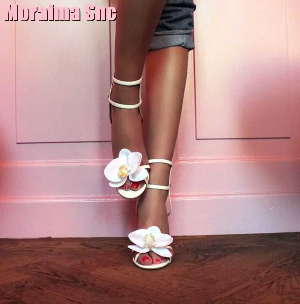 Unique Flower Decor Open Toe Sandals Stiletto High Heel Ankle Buckle Strap White Solid Sexy Women Wedding Shoes Summer Fashion W250514