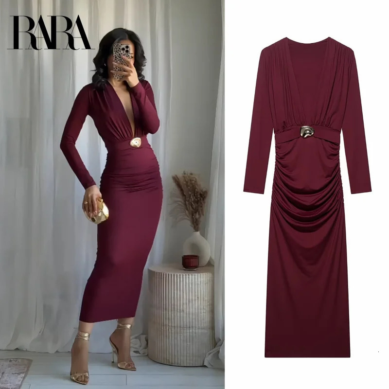 RARA Summer Arrivals Womens Belt Dress Deep VNeck Long Sleeve Slim Fit Pleated High Waist Temperament Elegant 250514