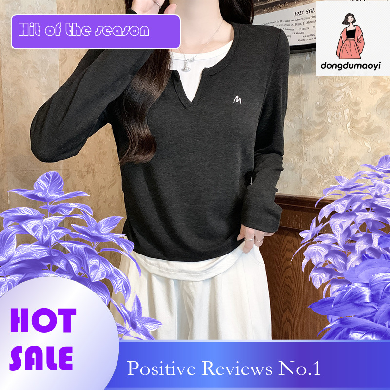 dongdumaoyi V-neck long sleeved fake two-piece spliced women's top 2025 spring new slim fit and slimming T-shirt short style with inner layer as 