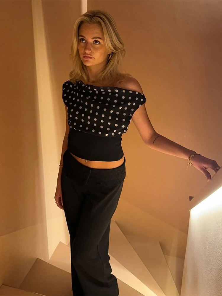 Weird Puss Polka Dots Print TShirts Women Summer Trend Skew Collar Off Shoulder Backless Street Fashion Ruched Crop Tops 250514