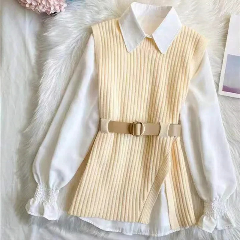 Womens Mid-Length Knitted Sweater Set Slimming Waist Tie Two-Piece Suite Spring Autumn Style Comfortable Breathable 250514