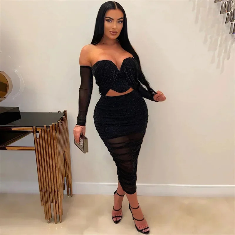 Sexy Party Night 2 Piece Outfit Set Women Y2K Clothing Mesh Ruched Strapless Crop Top and Skirt Clubwear Bodycon Maxi Dress Sets 250514