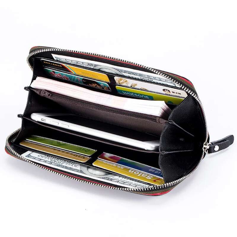 Genuine Leather Men Women Long Wallet Unisex Zipper Coin Purse Simple Design ID Credit Card Holder Phone Money Bag Solid Clutch