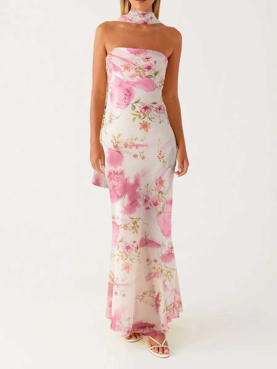 Womens Floral Strapless Dress Sexy Backless Maxi Long Dress Y2K Sleeveless Mesh Bodycon Tube Dress with Neck Scarf SundressXJ250514