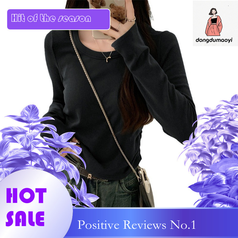 dongdumaoyi Simple round neck long sleeved T-shirt for women's spring autumn new style, curved slim fit brushed velvet inside, paired with a base