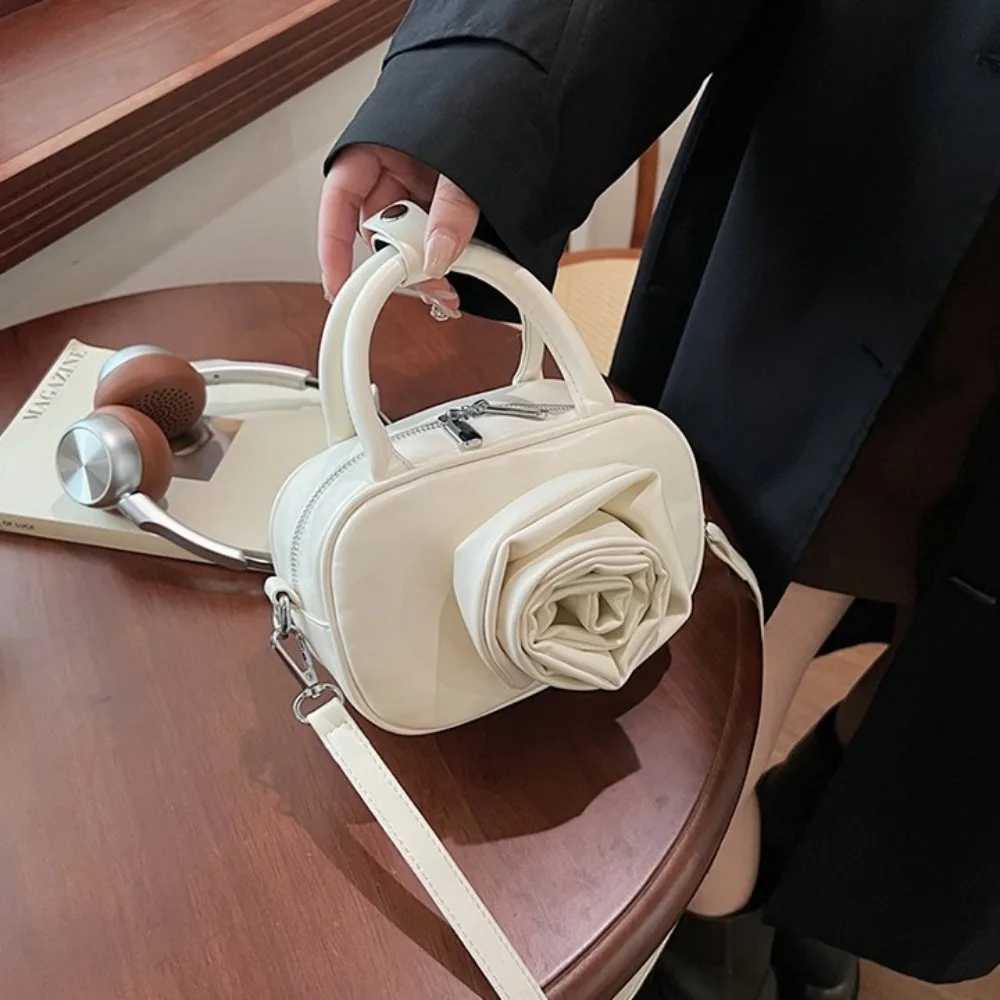 Portable PU Leather Rose Flower Bowling Bag Single Shoder Y2K Sier Handbag Purse Korean Style PU Crossbody Bag Travel Z250514