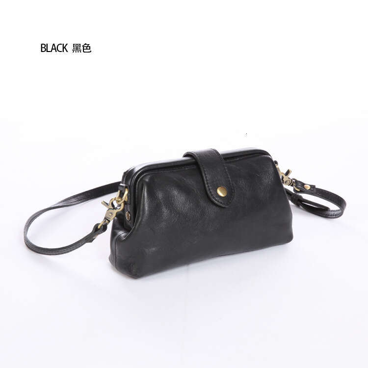 2025 New Genuine Women's Top Layer Cowhide Clip Bag, Casual Vegetable Tanned Leather Box, Mouth, Gold Fan, You Crossbody Bag