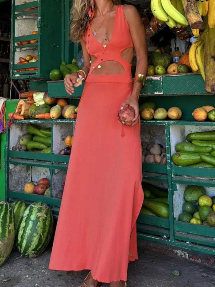 Women Boho Dress Fashion Sexy V Neck Sleeveless Backless Hollow Long Dresses Lady Beach Holiday Dress Women Clothes Summer NewXJ250514