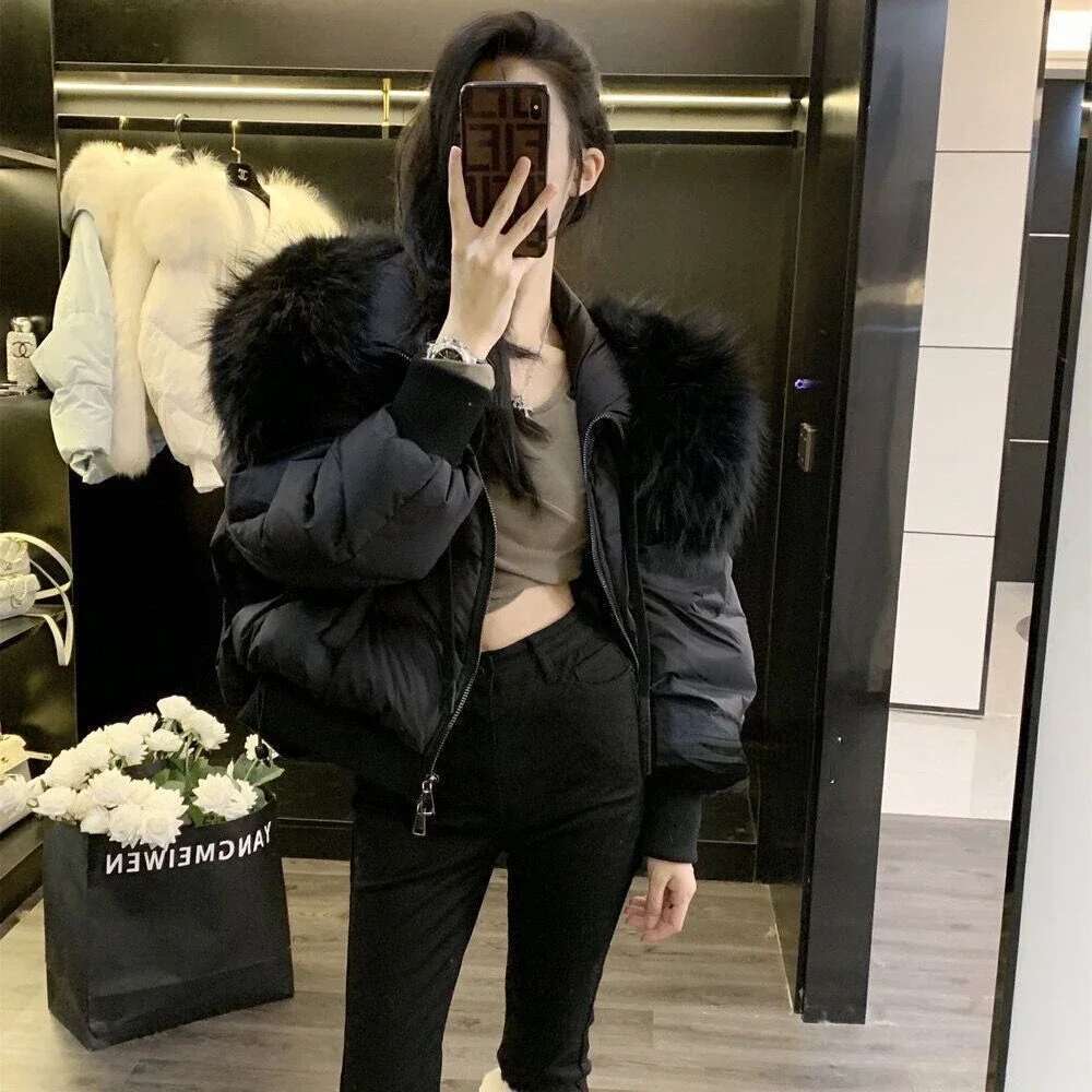 Puffer Jacket Newest White Duck Down Short Parkas Female Women 2024 Winter Thick Loose Casual Real Natural Raccoon Fur Coat