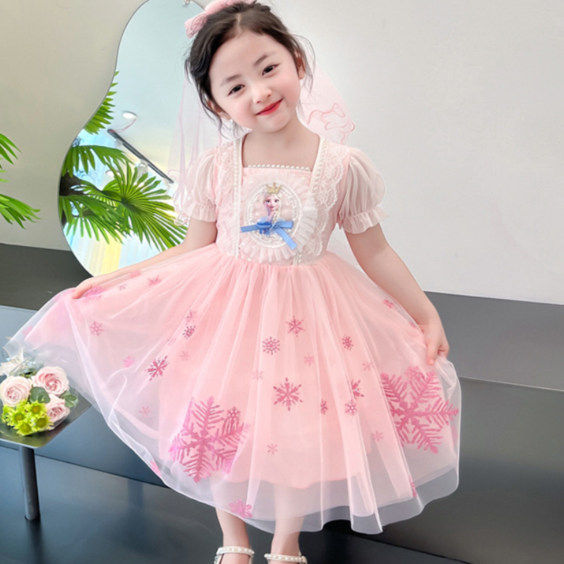 DISNEY Frozen Elsa princess kids designer clothes Girls' summer dress Baby chiffon short-sleeved dress children party dress princess gown.