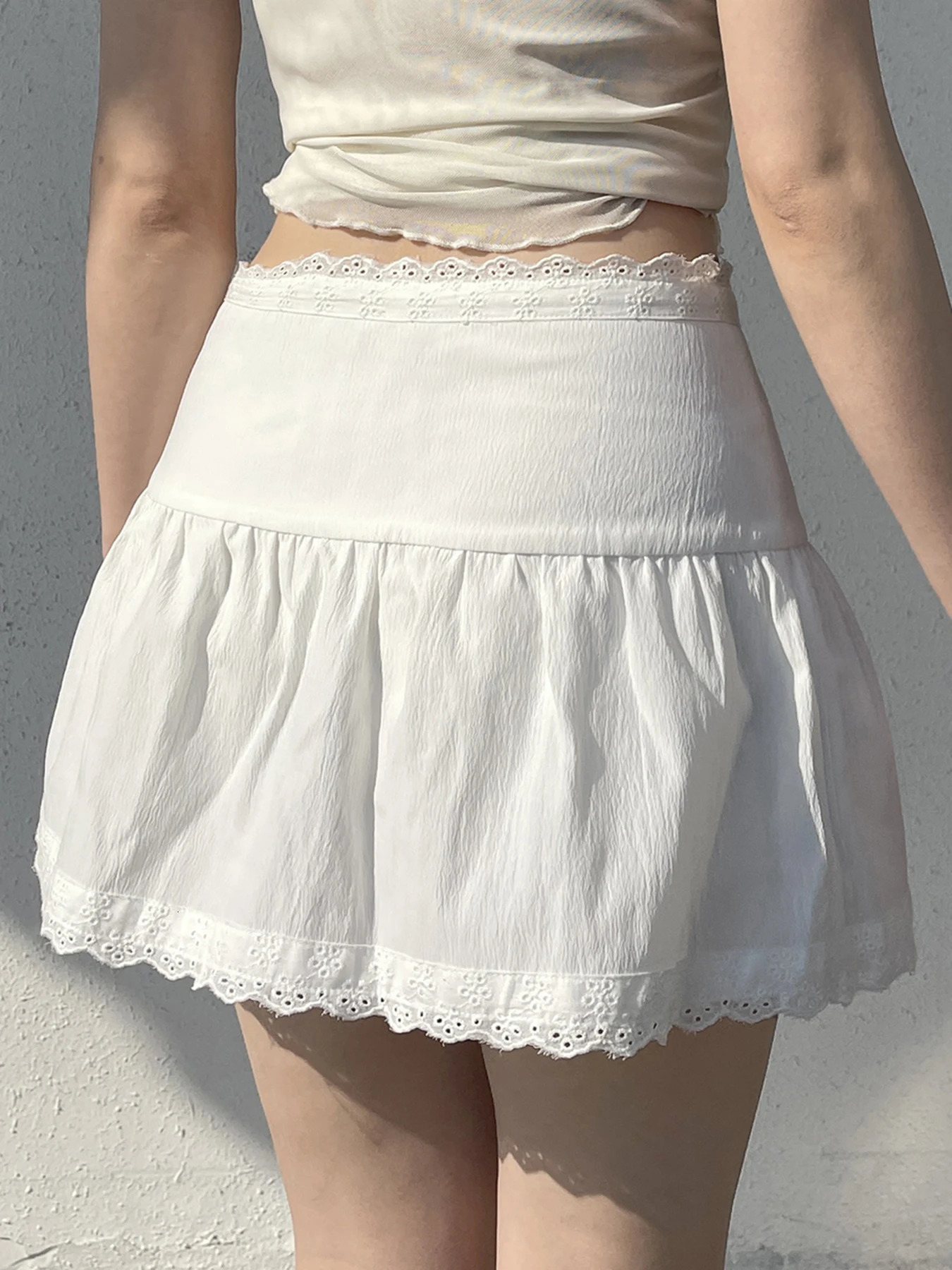 IAMSURE Casual Bandage Lace Trim ALine Skirts Slim Solid MidWaisted Mini Women Summer Fashion Streetwear Ladies 250514