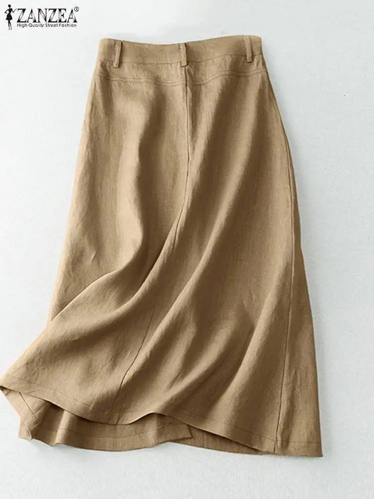 ZANZEA Women Casual Button Up Aline Skirts Summer Cotton Midi Elegant High Waist Solid Temperament Foldas 250514