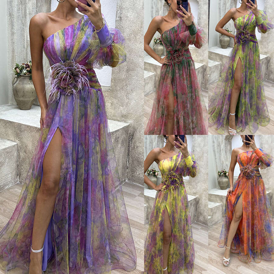 Women Clothes Dress New Party Mesh Oblique Shoulder INS Casual Fashion Dress Women KQ