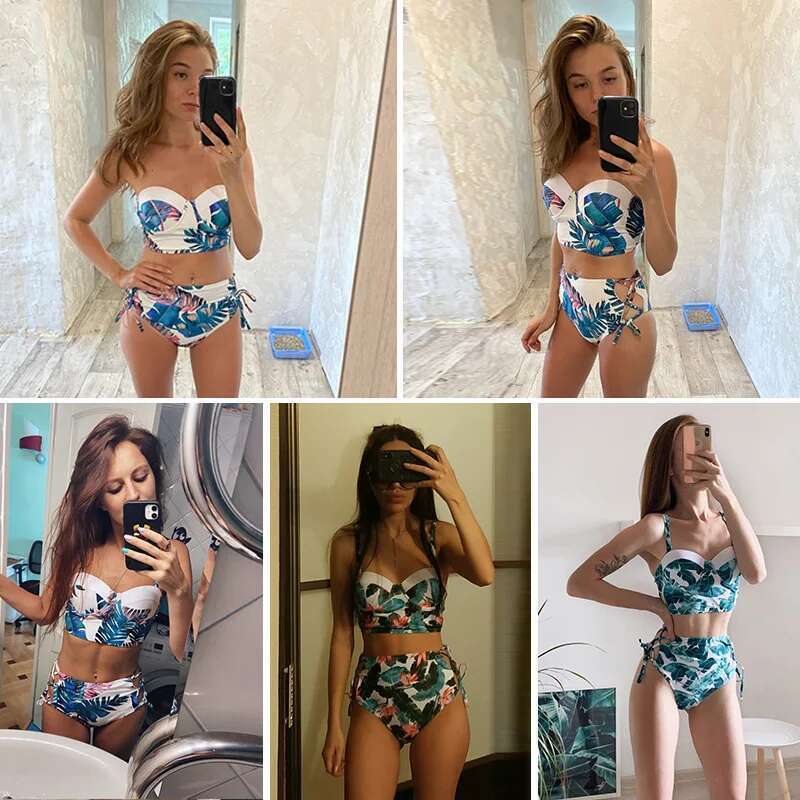 High Waist Swimwear New Leaf Print Bikinis Women Swimsuit Vintage Retro Bathing Suit Halter Biquini Maillot de bain femme 250514