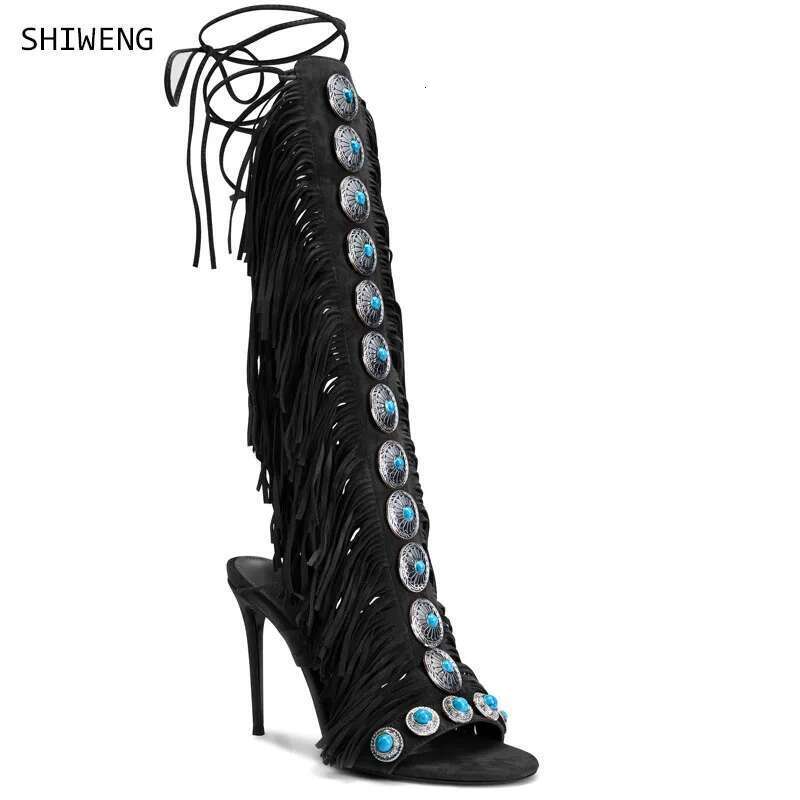 Designer Fringe Thih Heel Sandals Woman High Heels Open Toe Party Prom Shoes 2024 Sexy Zipper Female Tassel Pumps 44