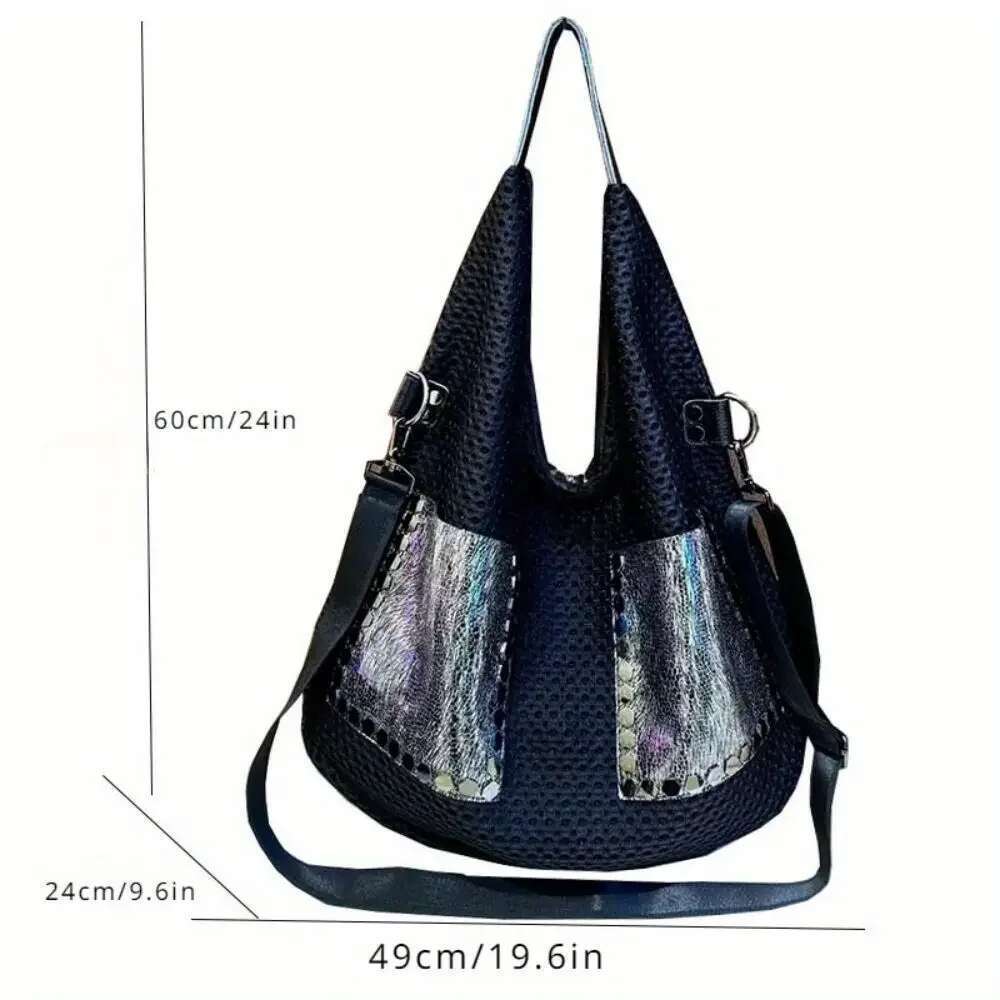 Women's fashionable retro mesh patchwork cowhide tote with large capacity single shoulder crossbody carrying bag