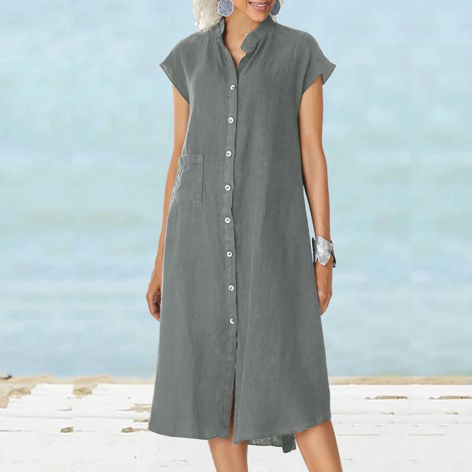 Womens Button Cotton Dress Summer Casual Short Sleeve Long Dresses With Pockets Dress Summer Dresses For Women 2025 Plus SizeXJ250514