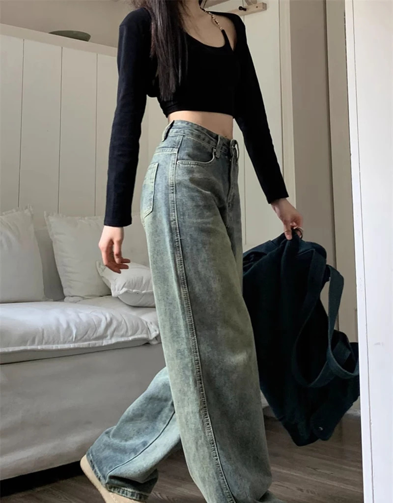 Retro Washed Vintage Jeans For Women In Autumn And Winter High Waisted Straight Leg Loose Wide Leg Pants Casual Pants 250513