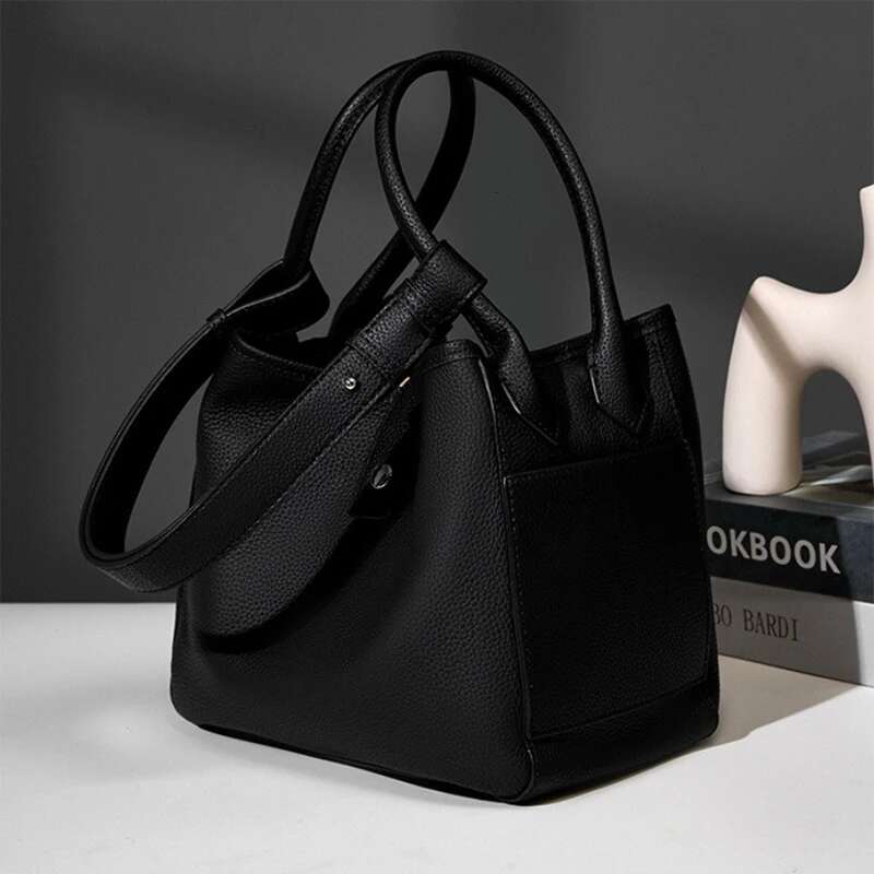 Classic Genuine Leather Basket Handbag For Women Simple Ladies Tote Commuter Crossbody Buckle Design Shoulder Bag