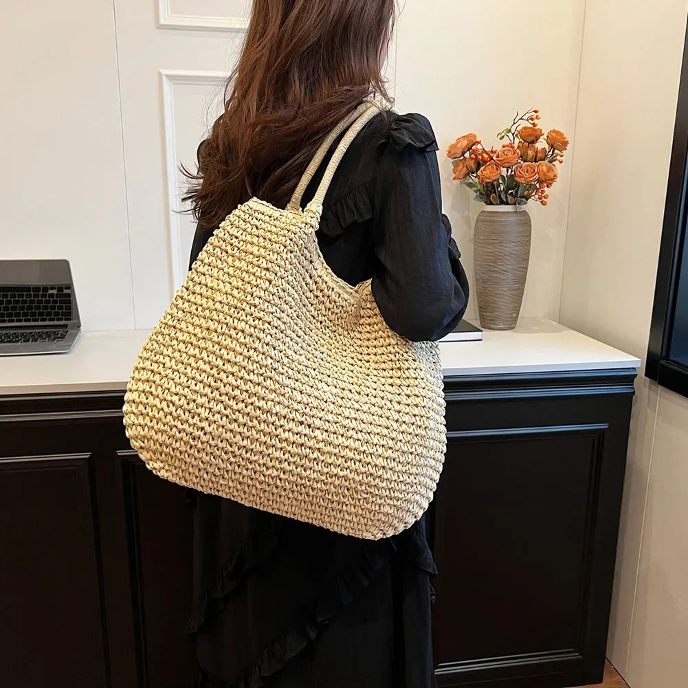 Women Straw Tote Handbag Large Capacity Vintage Shoulder Bag Solid Color Crochet Beach Ladies Summer Daily 250514