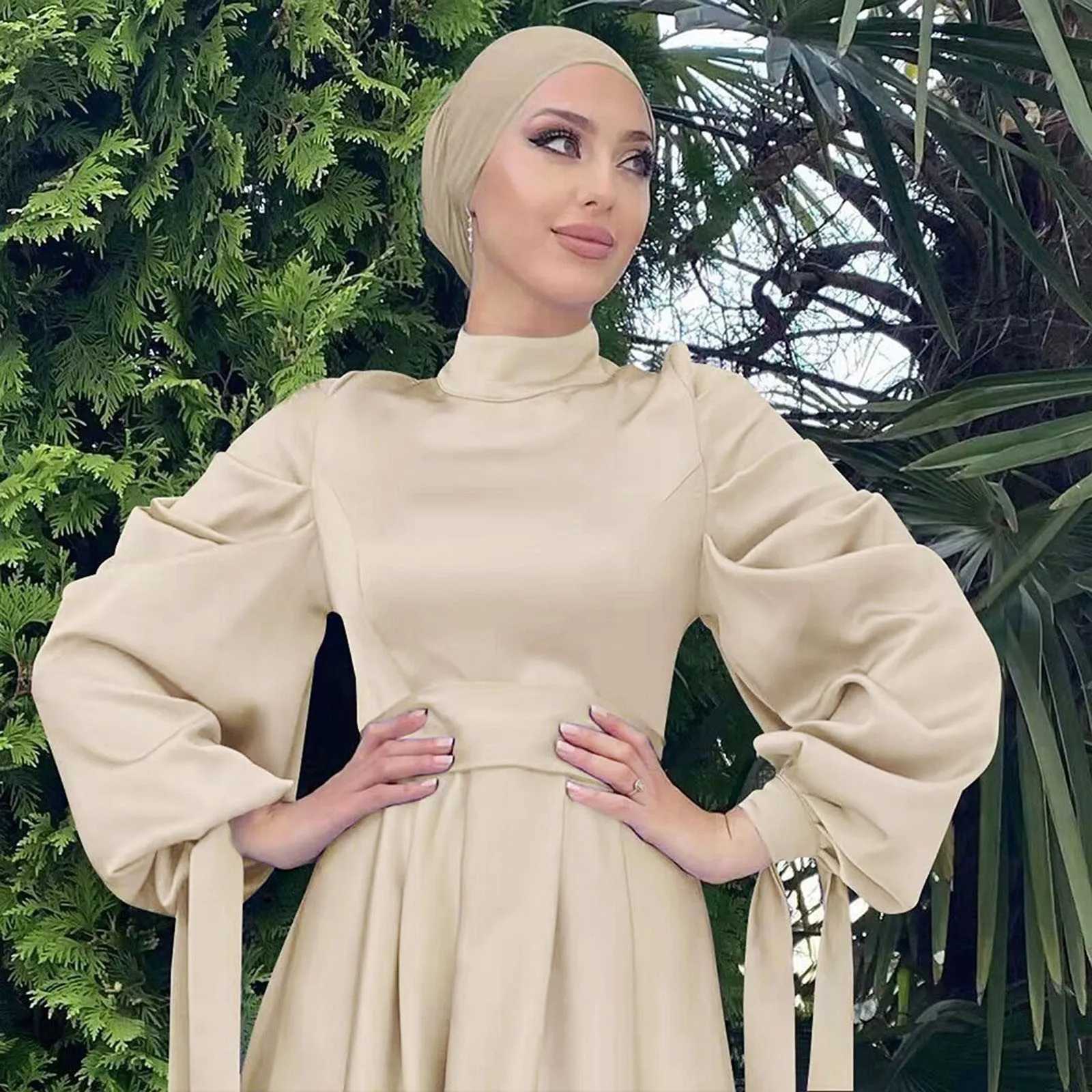 Fashion Gentle Light Long Maxi Muslim Dress Elegant Bow Lace Up Slve Tunic Waist Temperament Islamic Prayer Clothes X250514