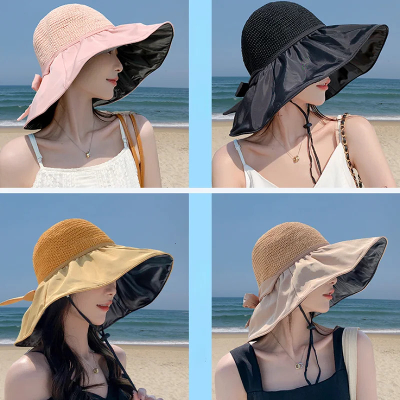 Summer Sun hat womens straw woven anti ultraviolet sun visor hat with big brim seaside black glue breathable Bucket hat sun hat 250514
