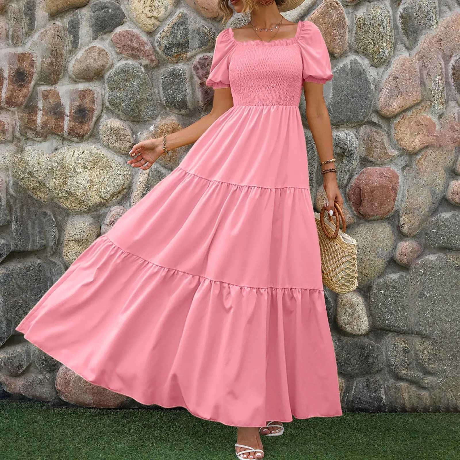 Female Dresses Outfits Womens 2024 Floral Boho Dress Wrap Crew Neck Short Sleeve Belted Ruffle Hem A Line Flowy Clothing For WomenXJ250514
