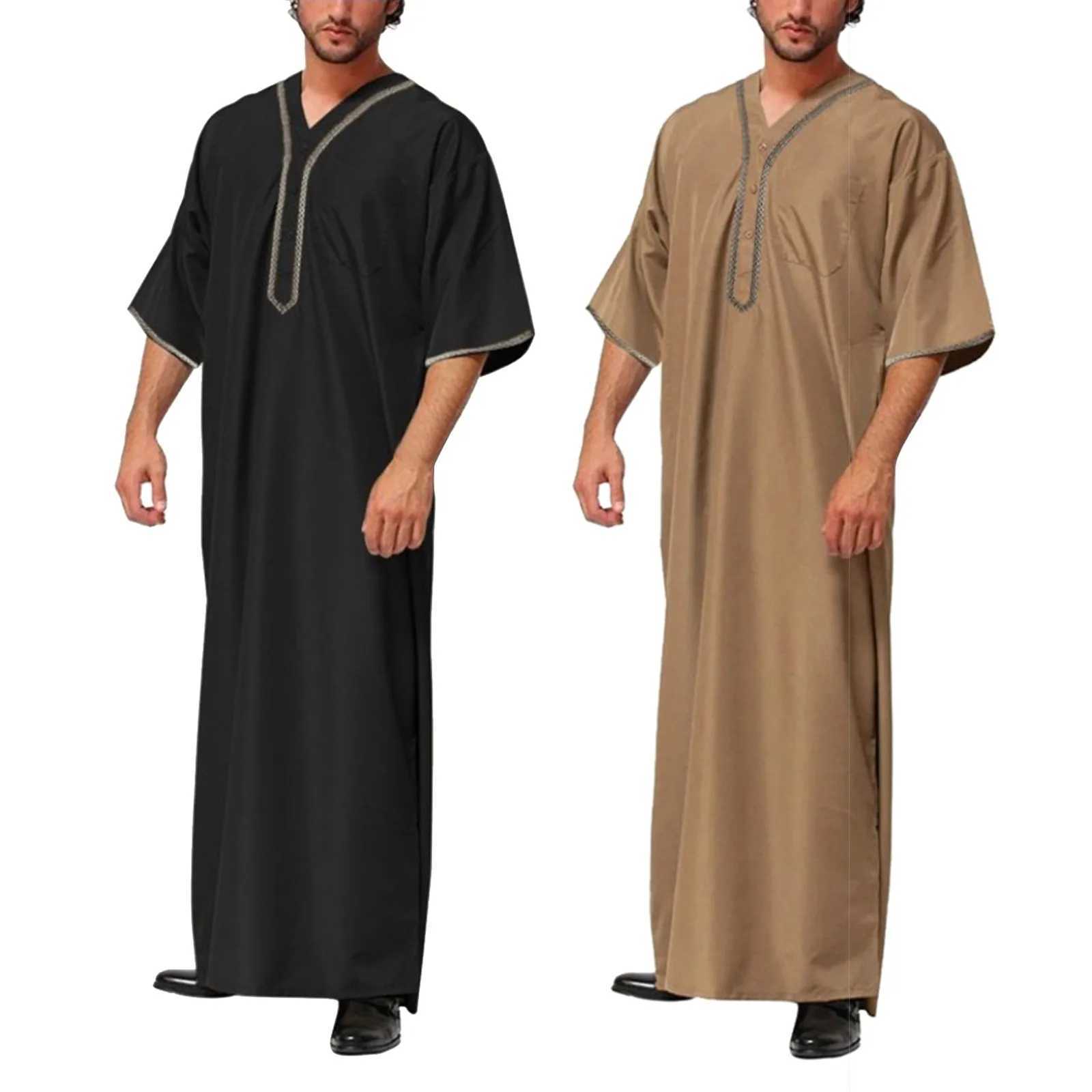 Muslim Men Jubba Thobe Solid Color Button Kimono Middle Robe Saudi Musulman Shirt Stand Collar Islamic Arabic Kaftan Men Abaya X2505141