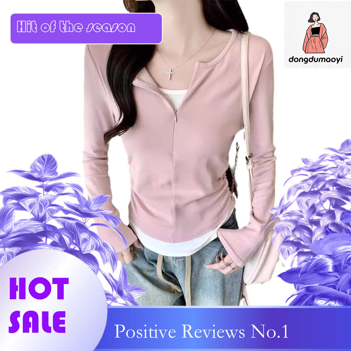 dongdumaoyi Zipper style fake two piece long sleeved T-shirt for women in the spring of 2025, slim fit and pleated inner layer bottom shirt, niche top