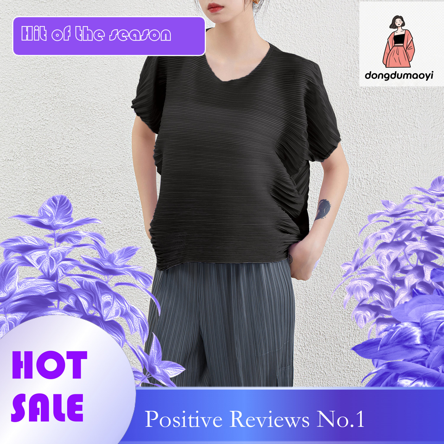 dongdumaoyi Miyake irregular loose top women's plus size summer new item fat mm slimming bat sleeves cover belly short sleeved T-shirt