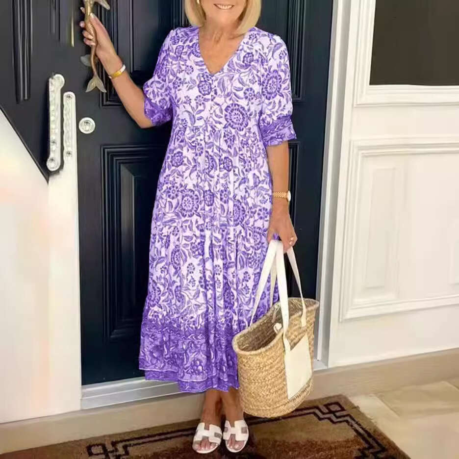 Women Clothes Dress New Large Super Fairy V Neck Fragmented Flower Dress For Beach Vacation Loose And Versatile Long Skirt KQ