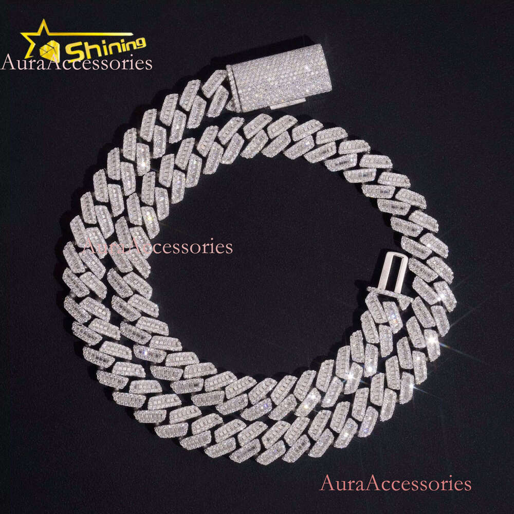 High Quality 12mm Solid Sterling Sier Men Hip Hop Jewelry Iced Out Baguette VVS Moissanite Cuban Link Chain Necklaces