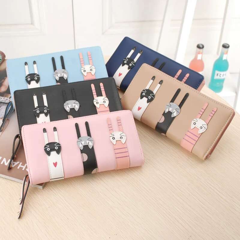 Funny Kitten Design Women Long Wallet PU Leather Cute Cartoon Cats Girls Zipper Purse Ladies ID Bank Card Holder Clutch Bag