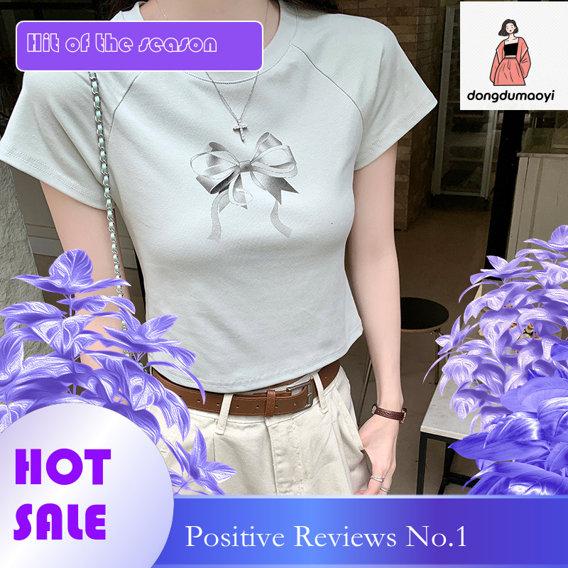 dongdumaoyi Bow print sleeved t-shirt for women's summer 2025 new design, niche round neck tight fitting short top trend