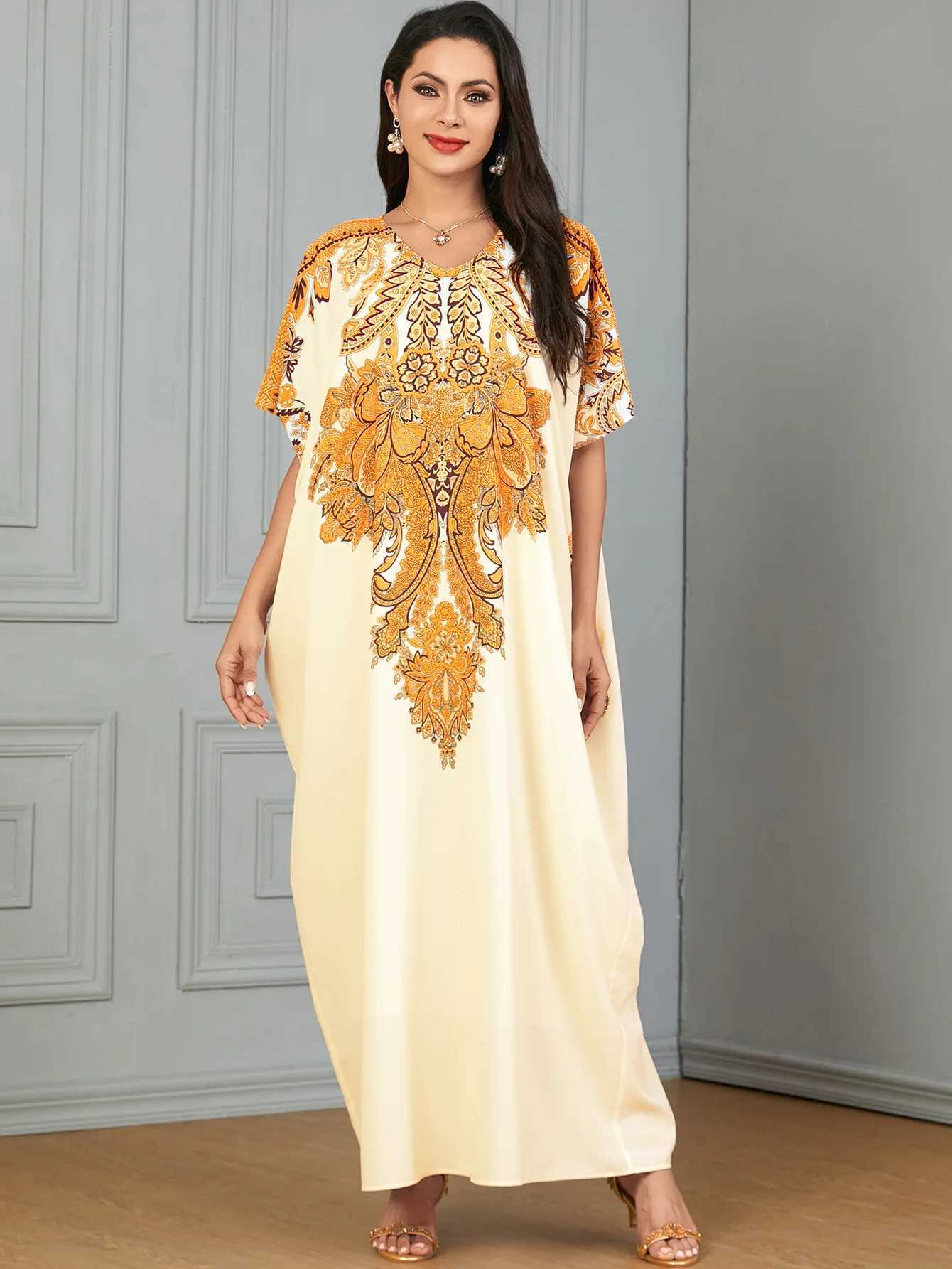 Morocco Summer Loose Kaftan Women Muslim Print Short Slve Maxi Dress Dubai Abaya Turkey Caftan Marocain Femme Robe Vestidos X250514