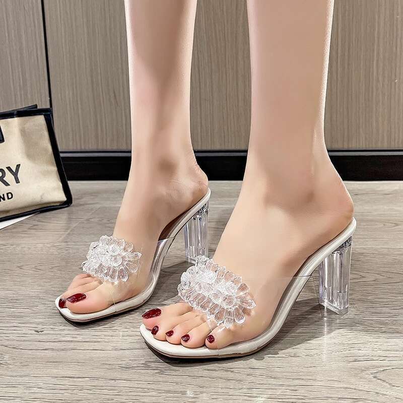 2025 Summer New Sandals Fashion Rhinestones Square Heel Transparent Women Shoes High Heels Female Party Shoe