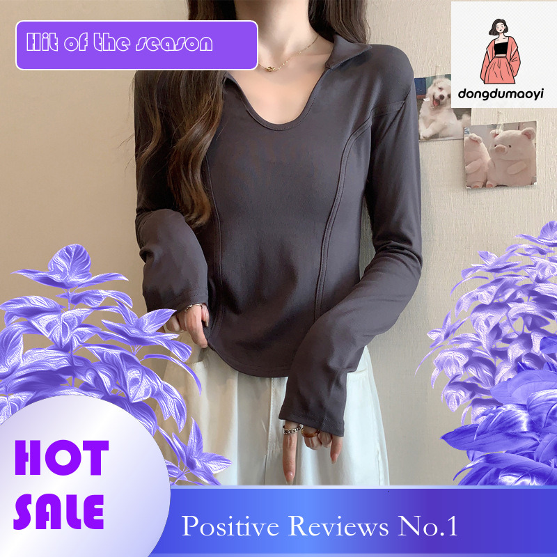 dongdumaoyi Polo collar long sleeved base shirt for women in autumn, U-neck tight short T-shirt, high waist spicy girl shoulder fishbone top