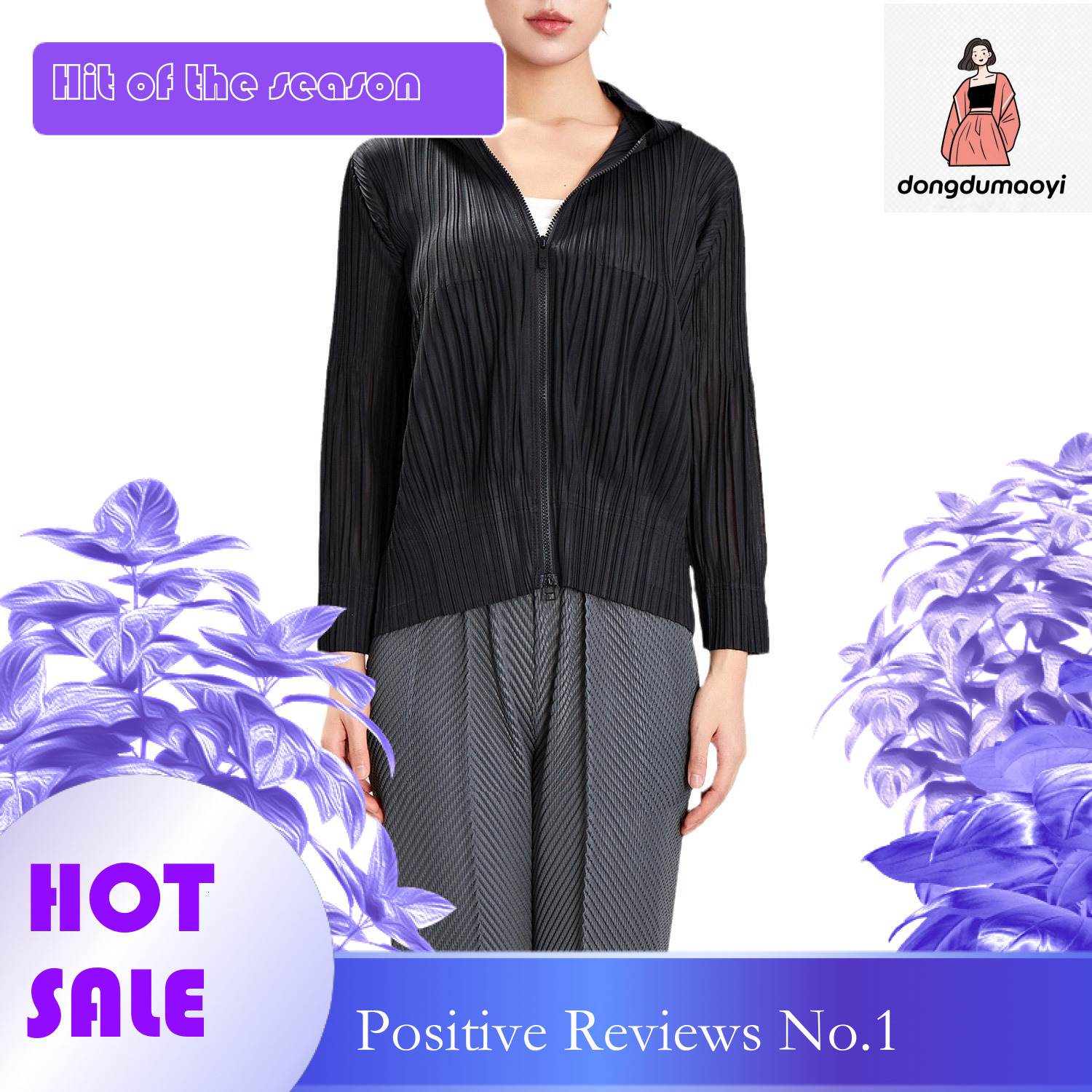 dongdumaoyi Miyake temperament small jacket 2024 spring new zipper hooded air-conditioned shirt long sleeved cardigan pleated top for women